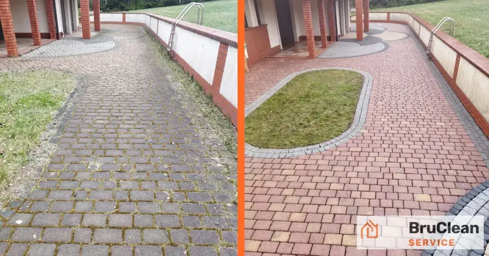 Czyszczenie kostki brukowej przy wejściu do domu – przed i po