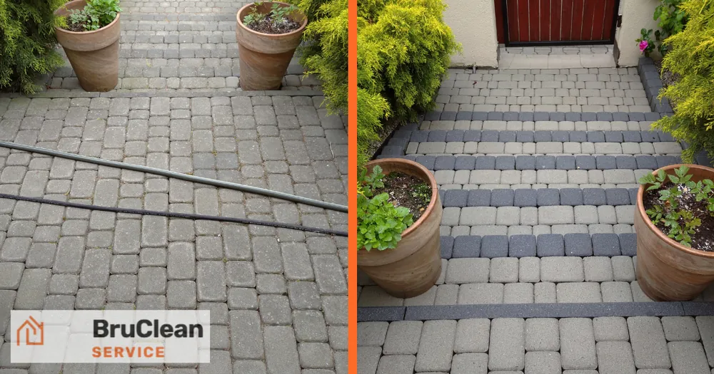 Czyszczenie i renowacja schodów z kostki brukowej – przed i po