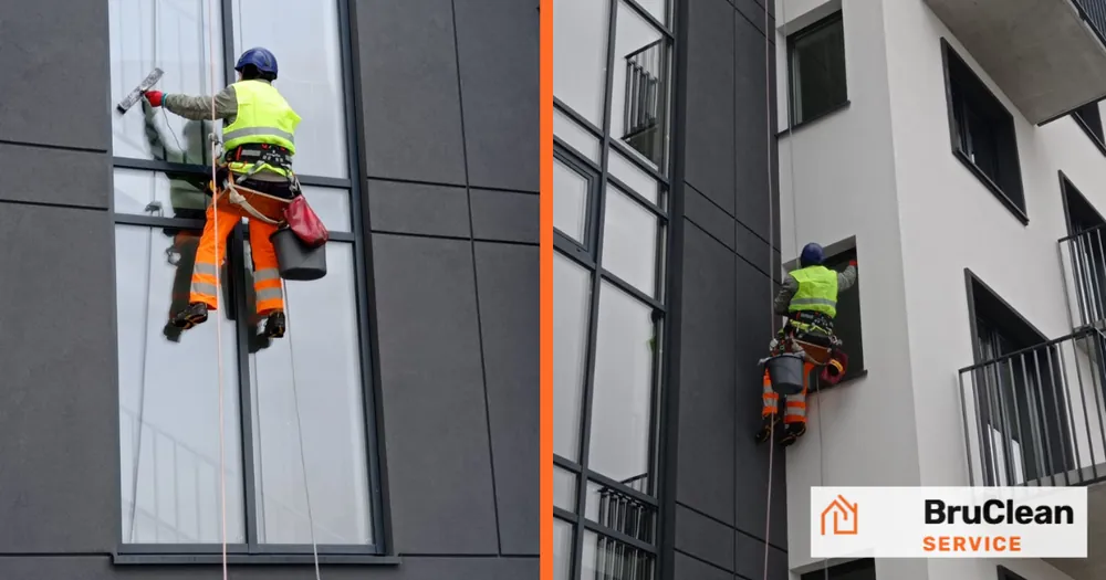 Mycie okien na wysokości metodą alpinistyczną – realizacja BruClean Service
